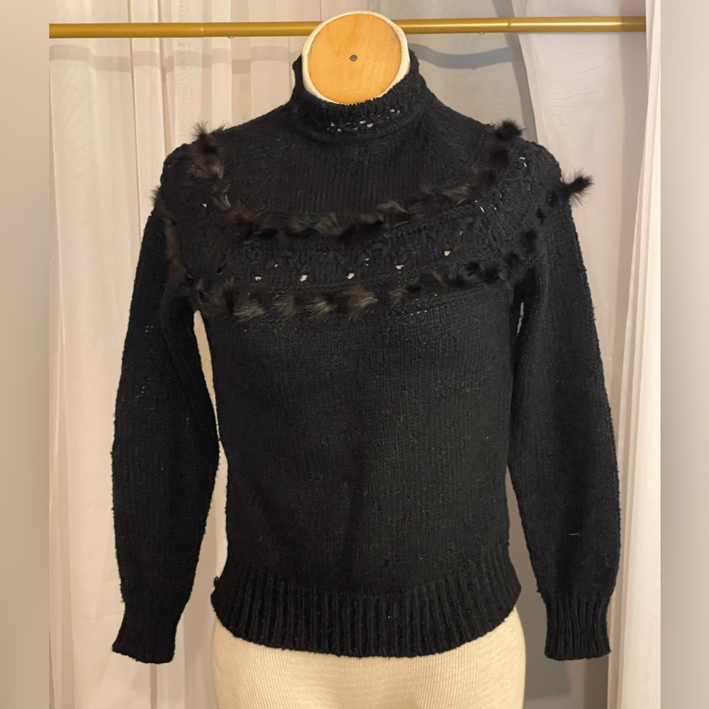 Chic Black Turtleneck Sweater with Fur Details